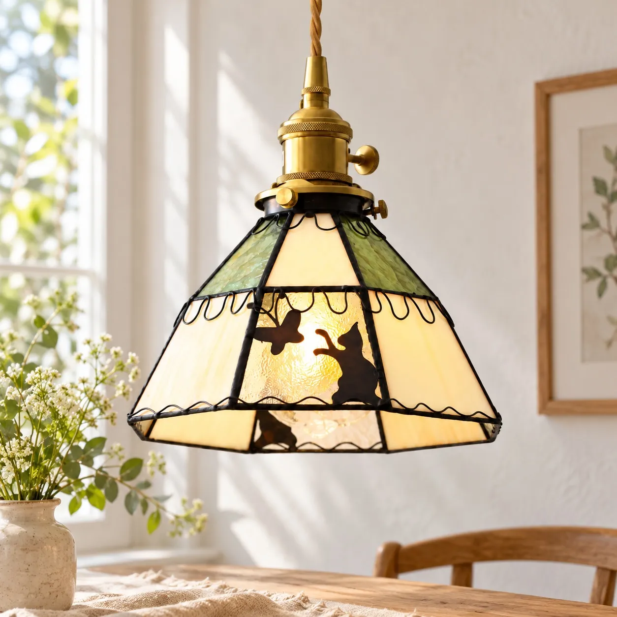 Cat and Butterfly Stained Glass Pendant Light in an interior setting