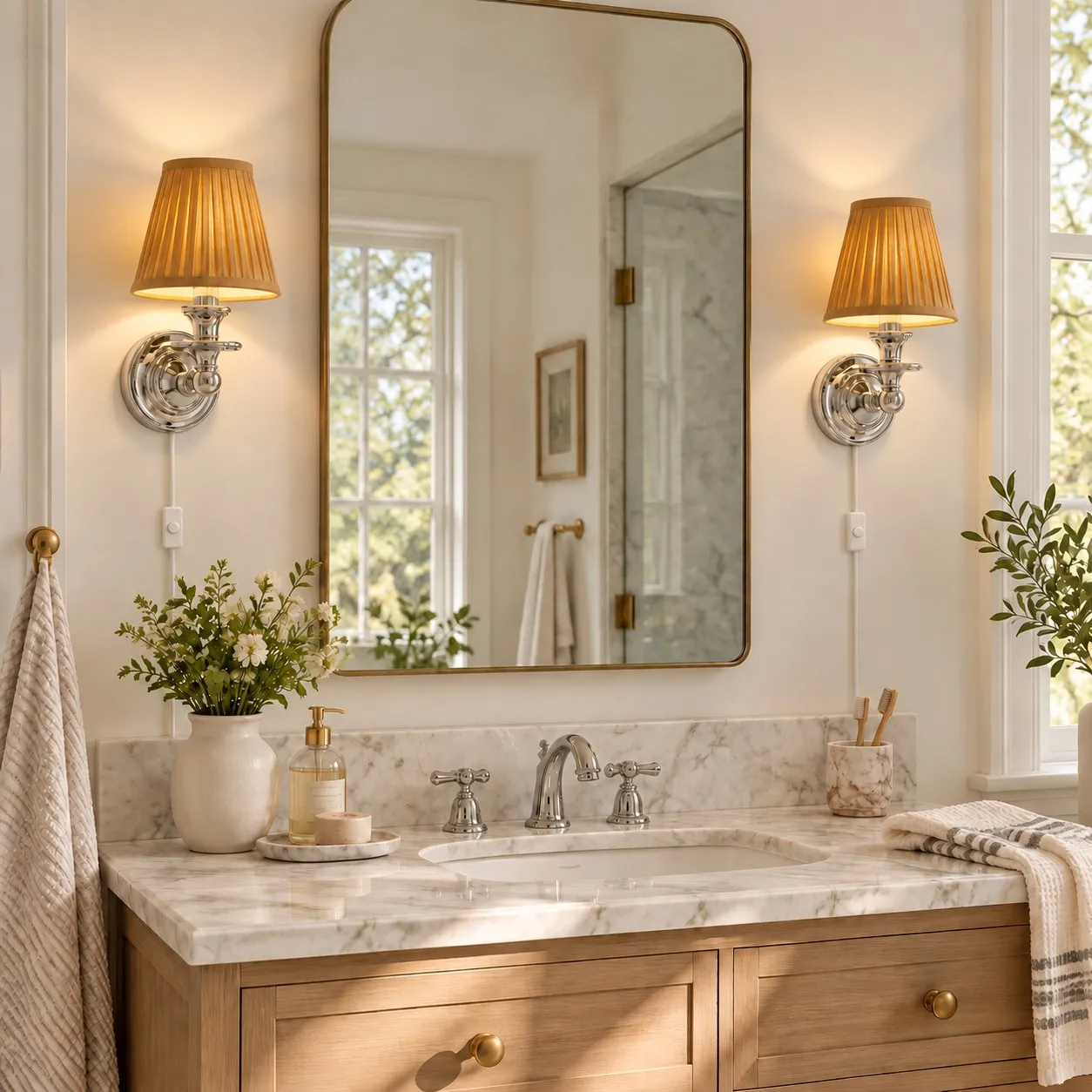 Mustard yellow pleated shade sconce in a bathroom