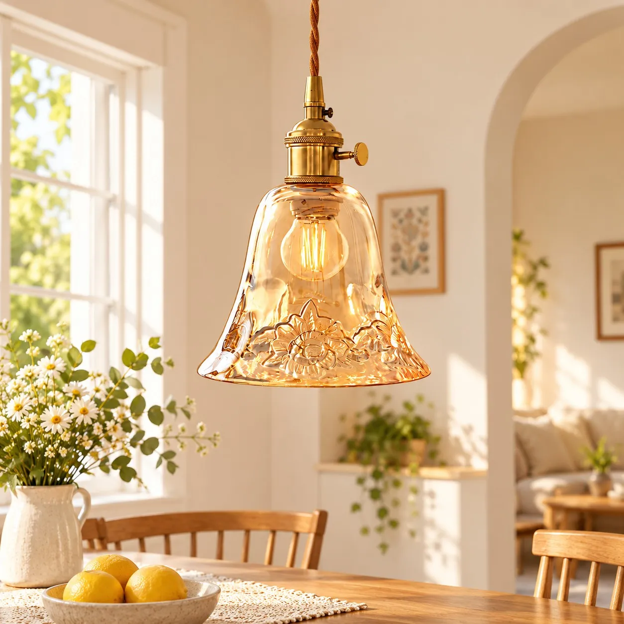 Lámpara colgante con jarrón de cristal en un ambiente interior.