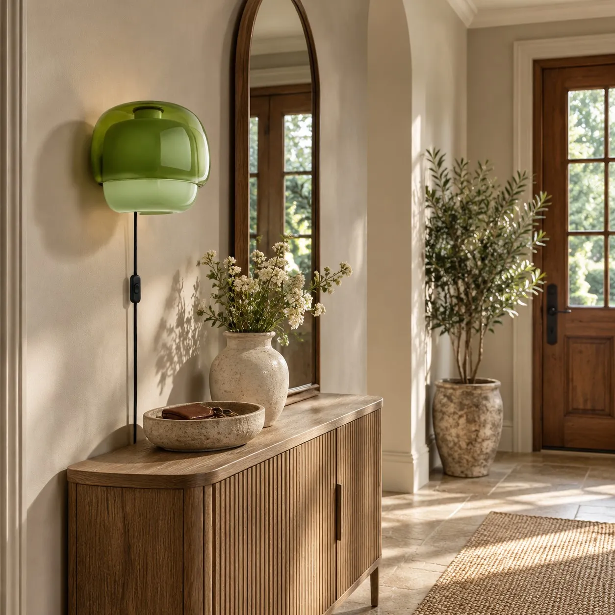 Green resin wall lamp with cord on an entryway console