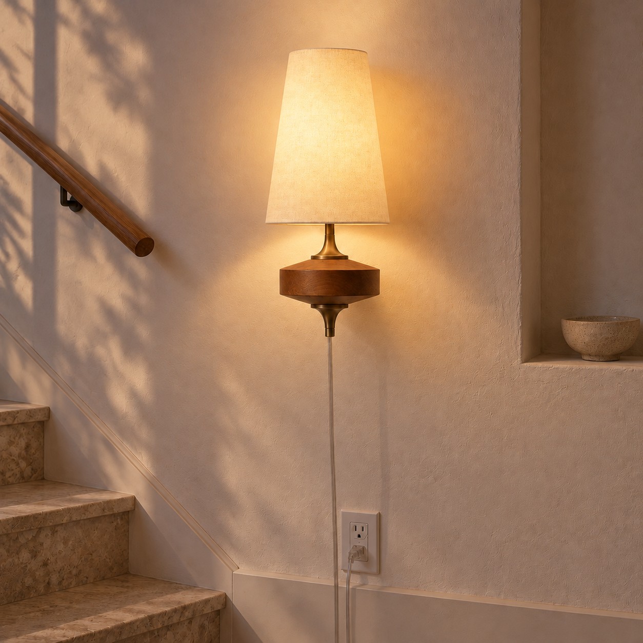Ivory Hour Rho plug-in wall sconce switched on on the same stair landing