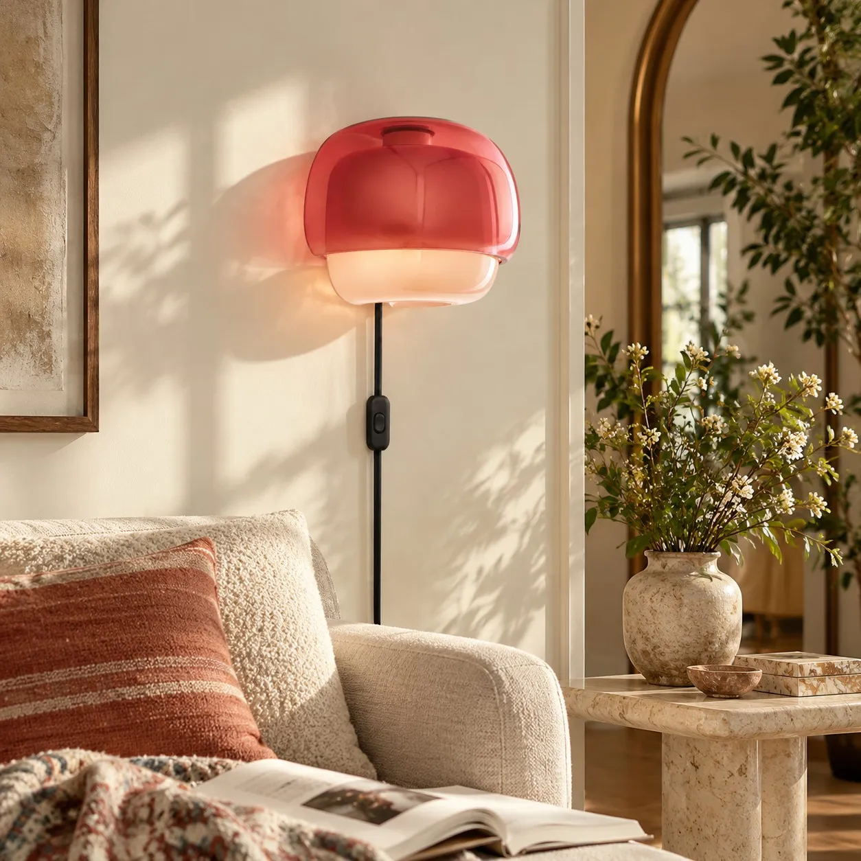 Red resin wall lamp with cord beside a lounge chair
