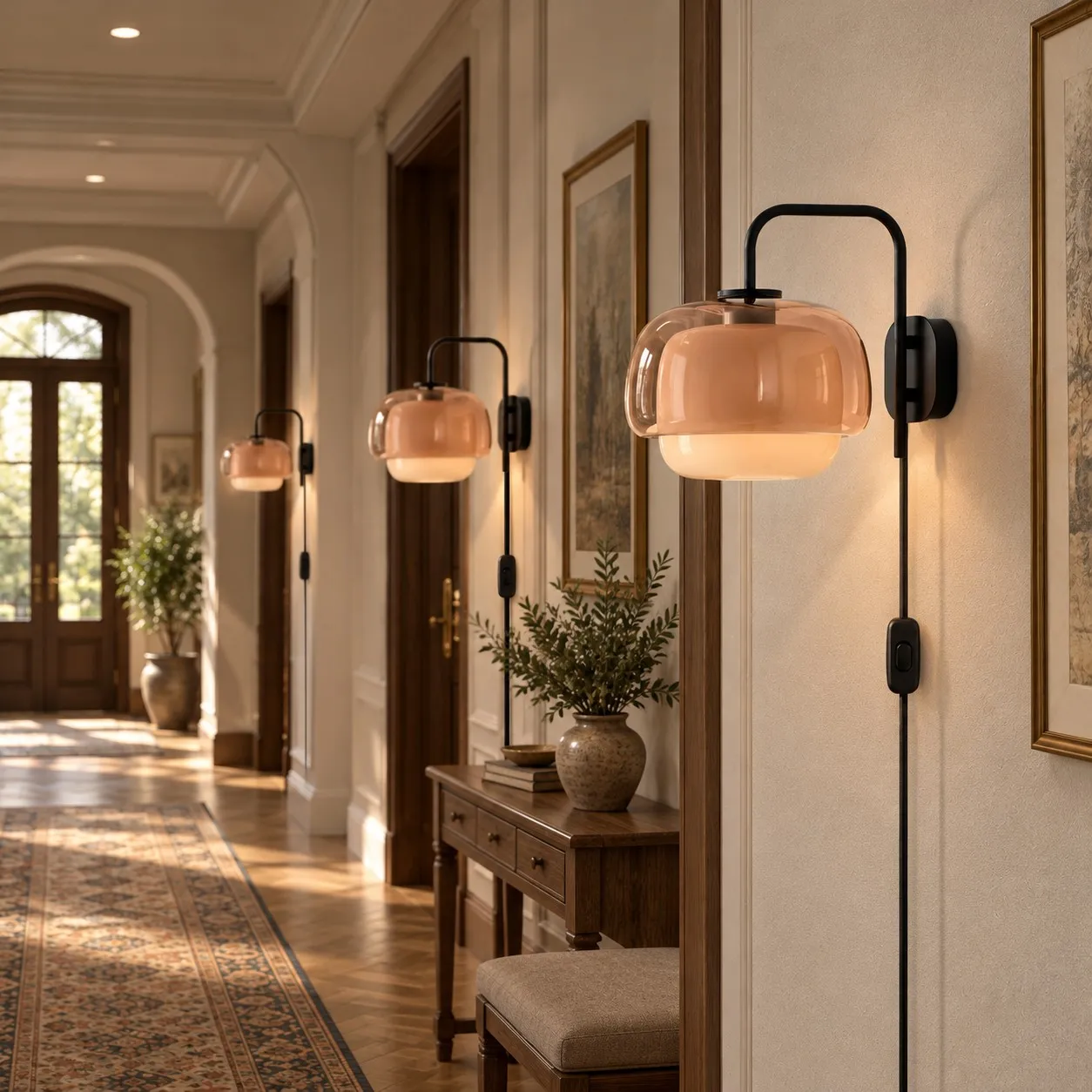 Soft peach flower-shaped resin wall lamps arranged along a warm hallway