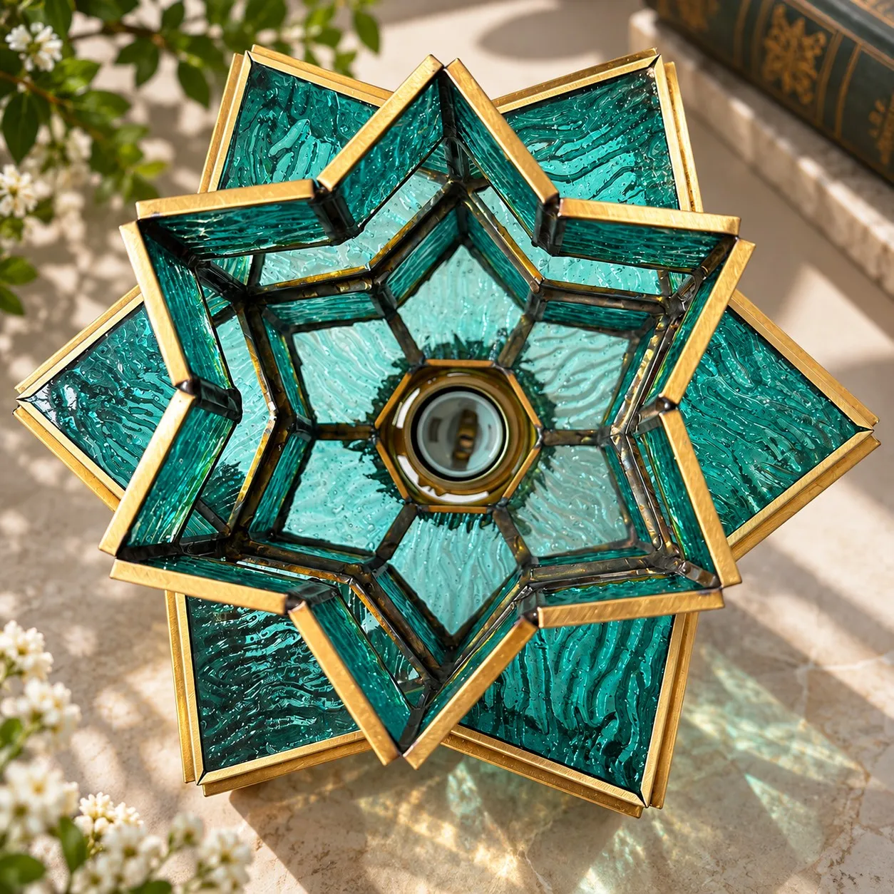 Luminária pendente de vitral em detalhe