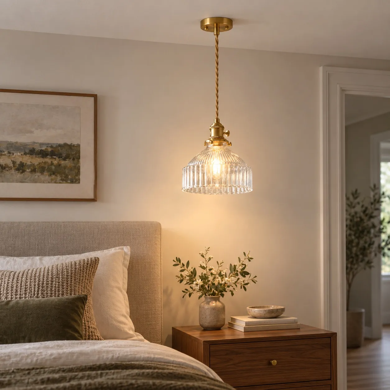 Hanglamp van gekleurd glas in een interieur