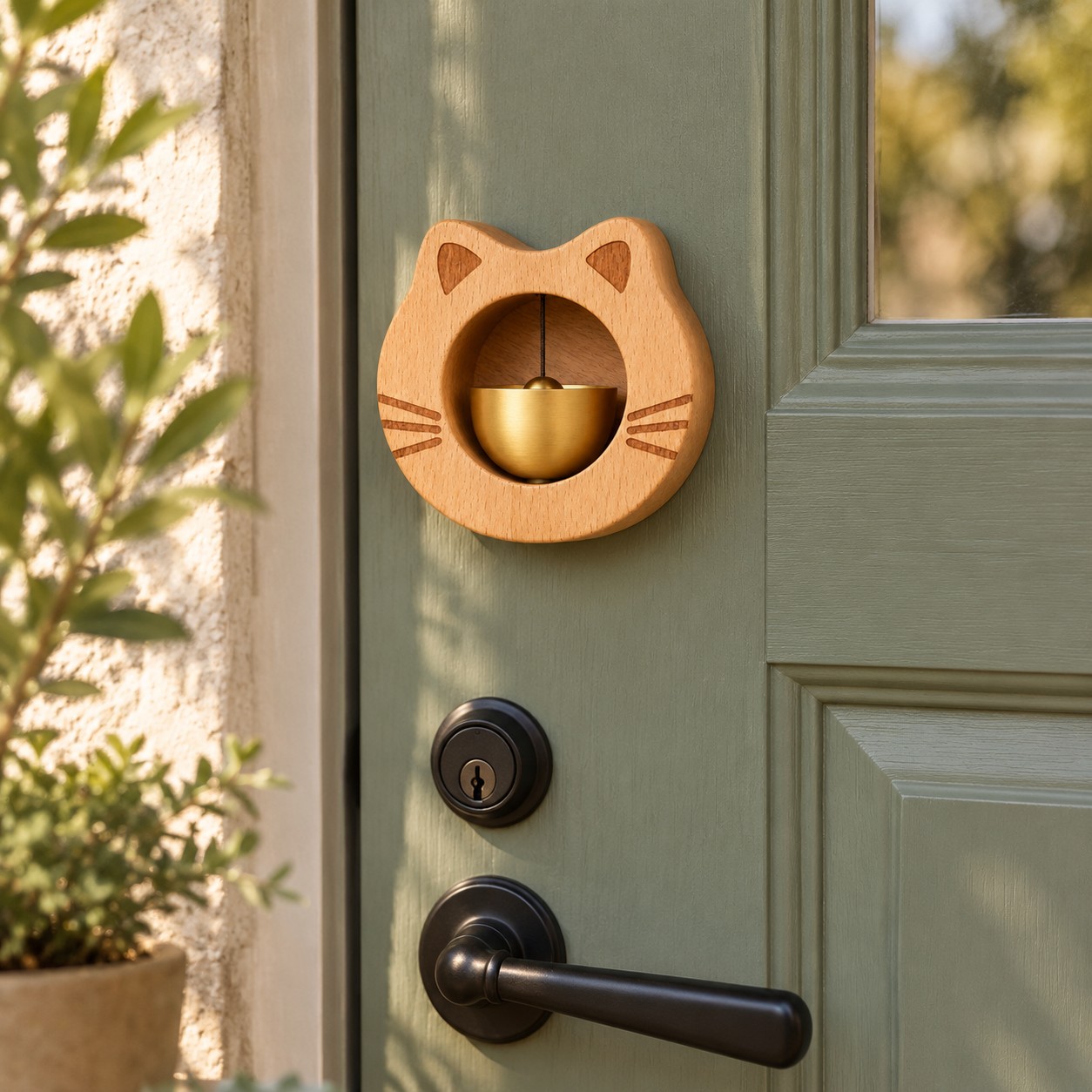 Campanello da porta a forma di gatto su una porta d’ingresso verde salvia