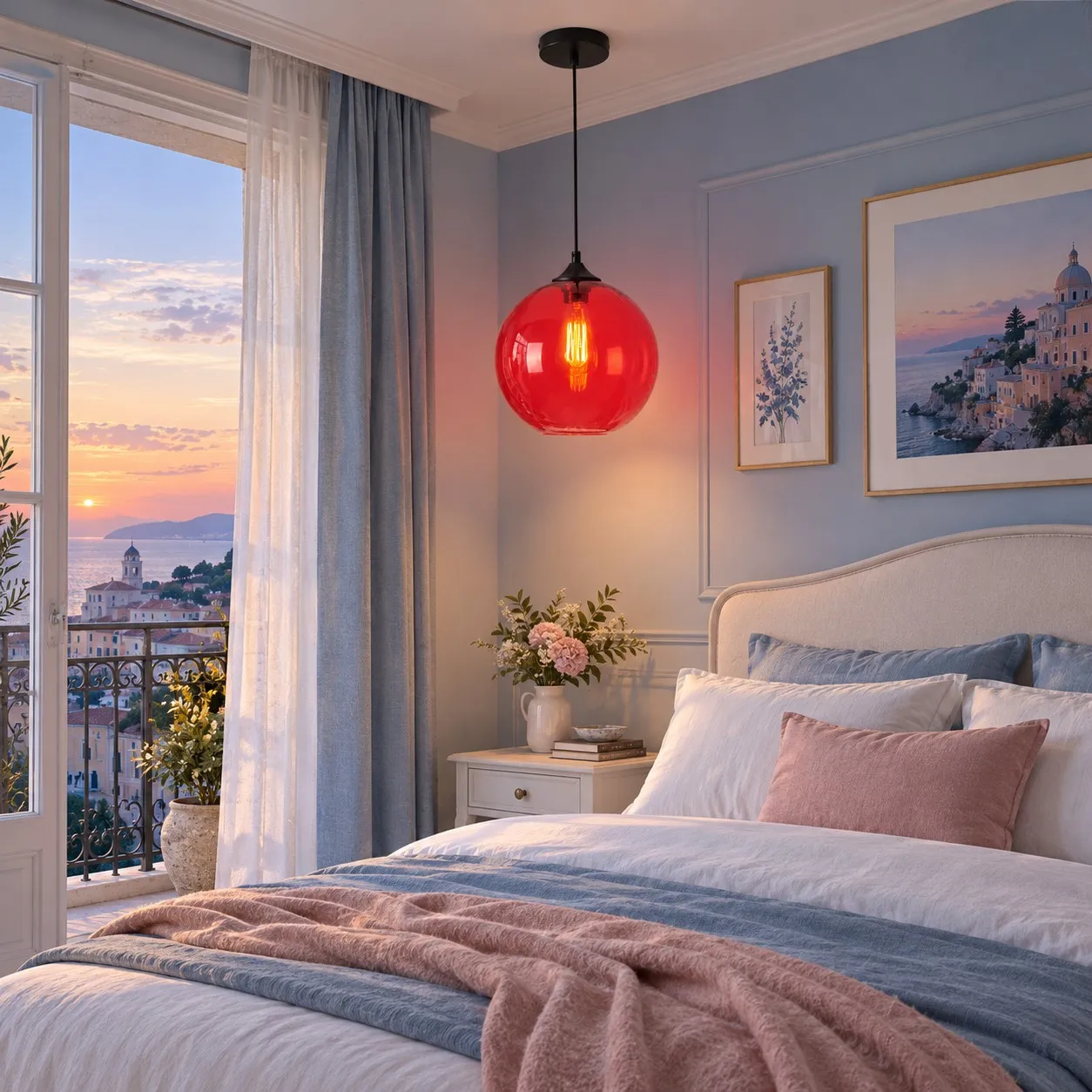Lámpara colgante con globo de cristal gris ahumado en un ambiente interior.