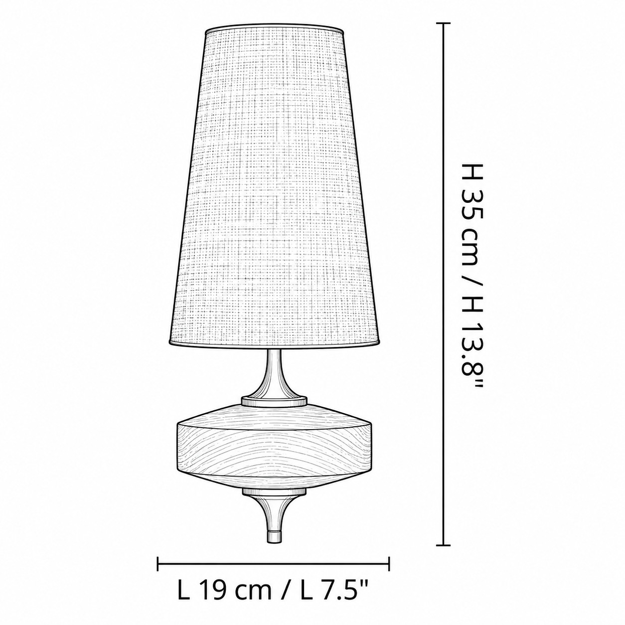 Dimension drawing of the one-head sconce: L 19 cm / L 7.5 inches, H 35 cm / H 13.8 inches