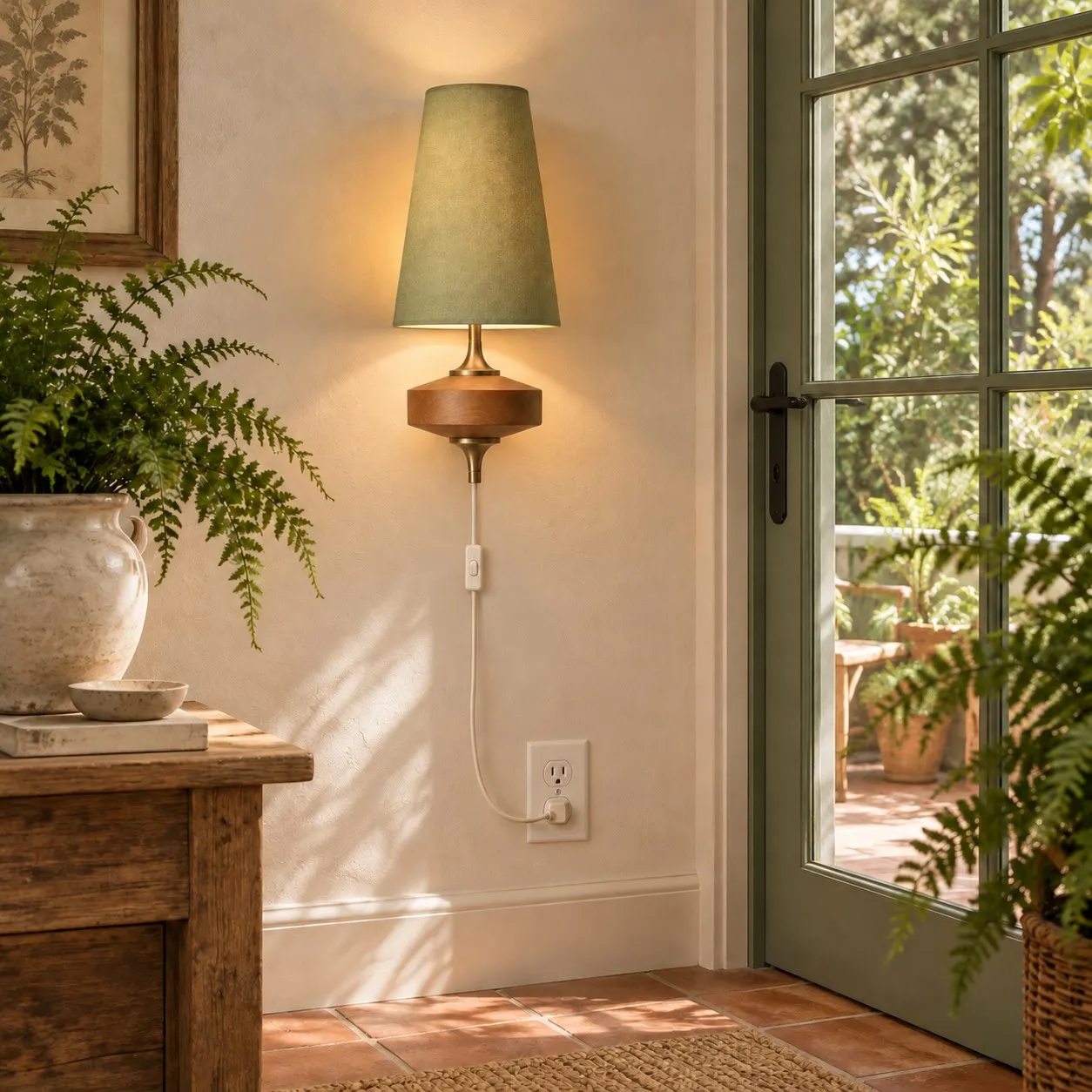 Sage green Hour Rho sconce in a conservatory