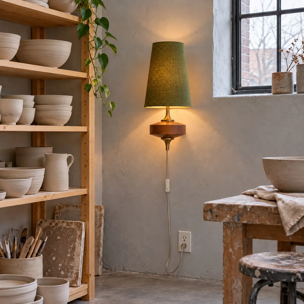 Green Hour Rho sconce in a pottery studio