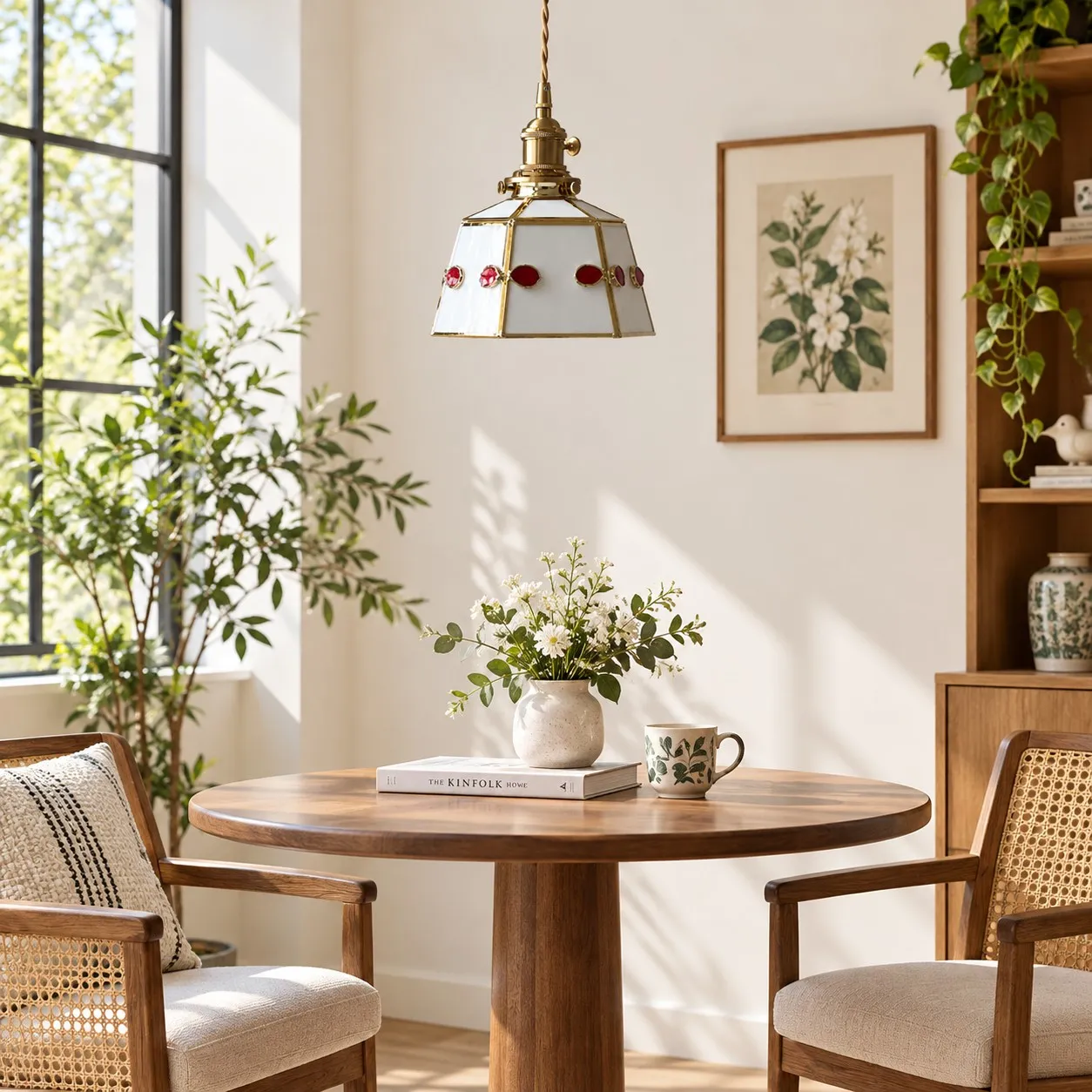 Lámpara colgante de vidrieras artesanales en forma de lazo, ideal para interiores.