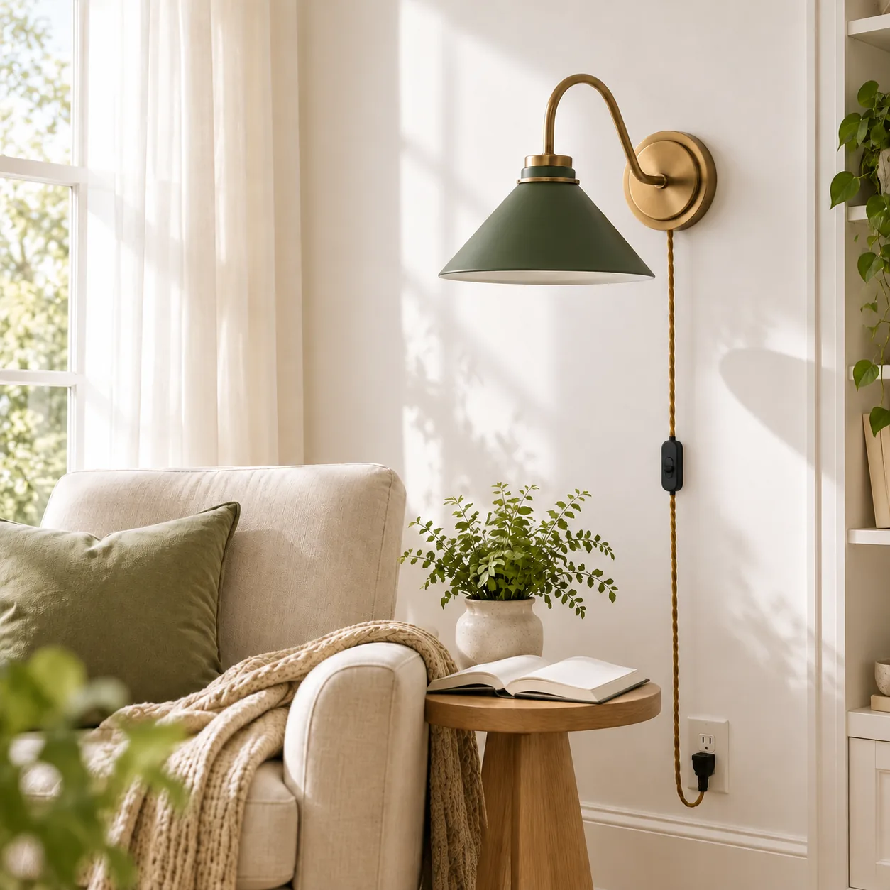 Aurenza plug-in wall light in a reading corner