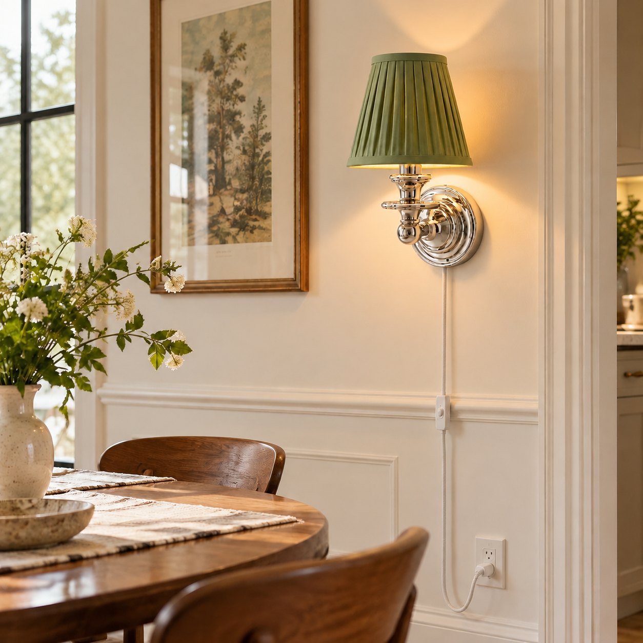 Sage green pleated shade sconce in a dining room