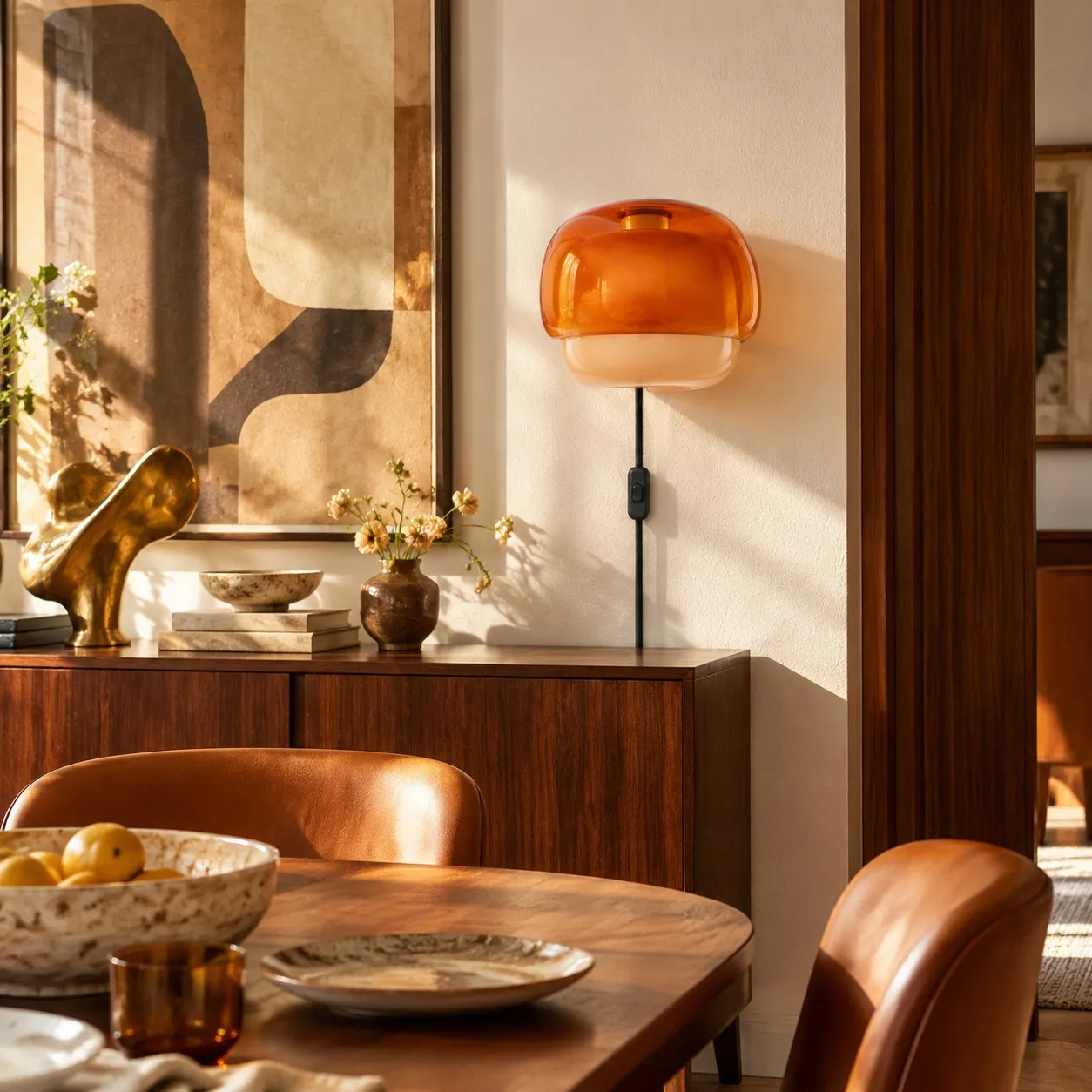 Orange resin wall lamp with cord above a dining sideboard
