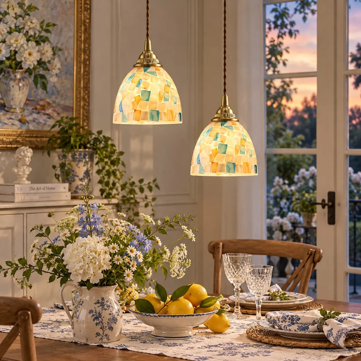 Lámpara colgante de cristal de concha de capiz colorida en un ambiente interior.
