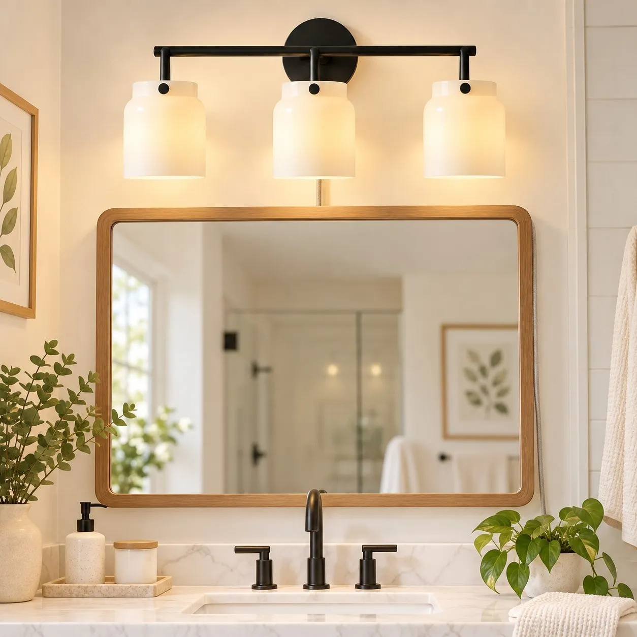 Aplique de barra negro de tres luces con pantallas de vidrio color leche encima de un espejo de baño, cable enchufado