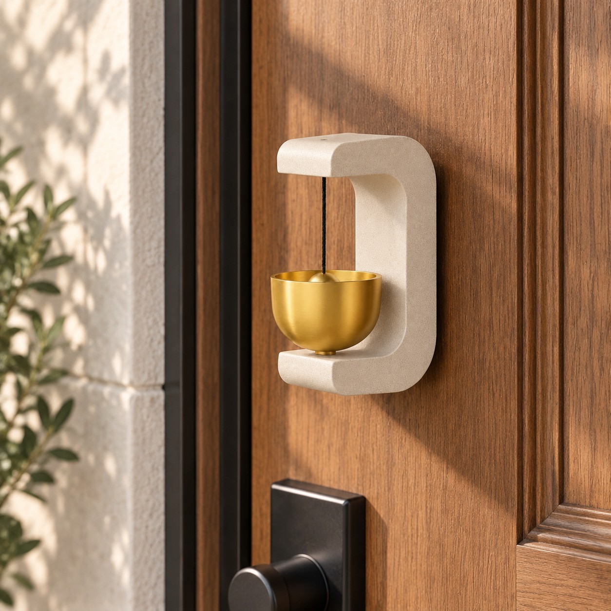 Campanello da porta a forma di mezzaluna su una porta in legno