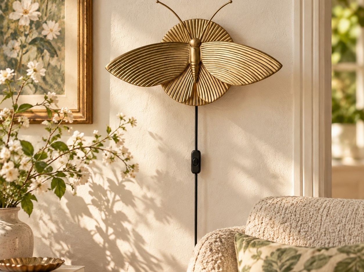 Gold moth wall sconce on a bright wall with the bulb off