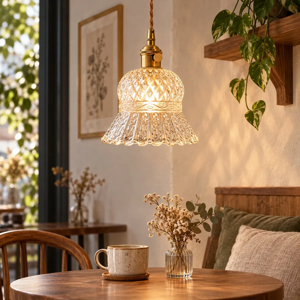 Lámpara colgante vintage de latón con forma de piña y cristal en un ambiente interior.