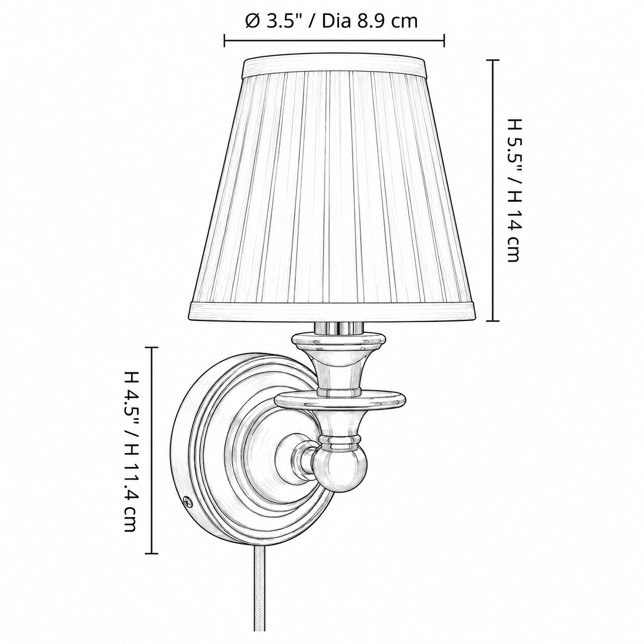 Dimension drawing: shade top diameter 3.5 inches / 8.9 cm, overall height 5.5 inches / 14 cm, backplate height 4.5 inches / 11.4 cm