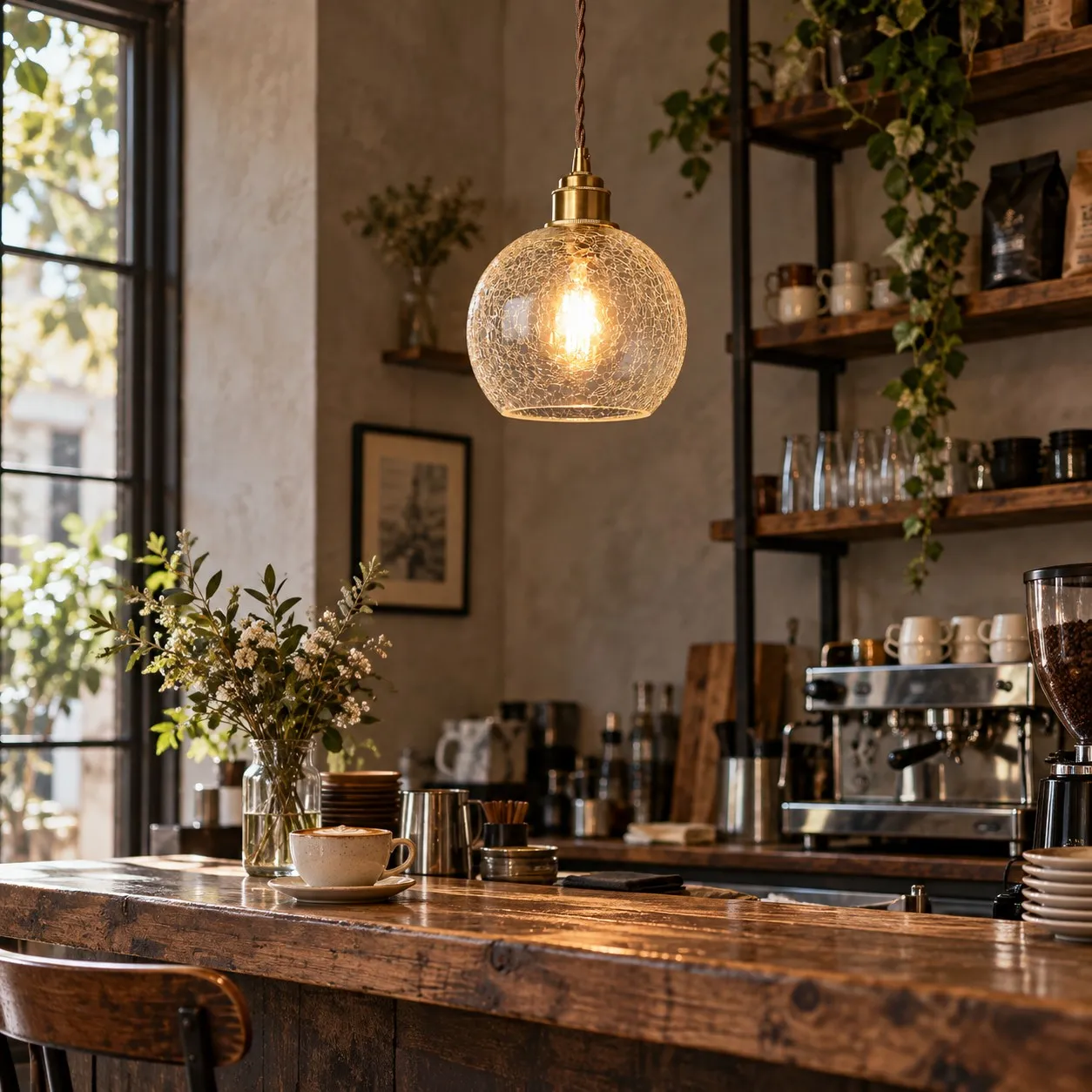 Lámpara colgante con globo de cristal craquelado en un ambiente interior.