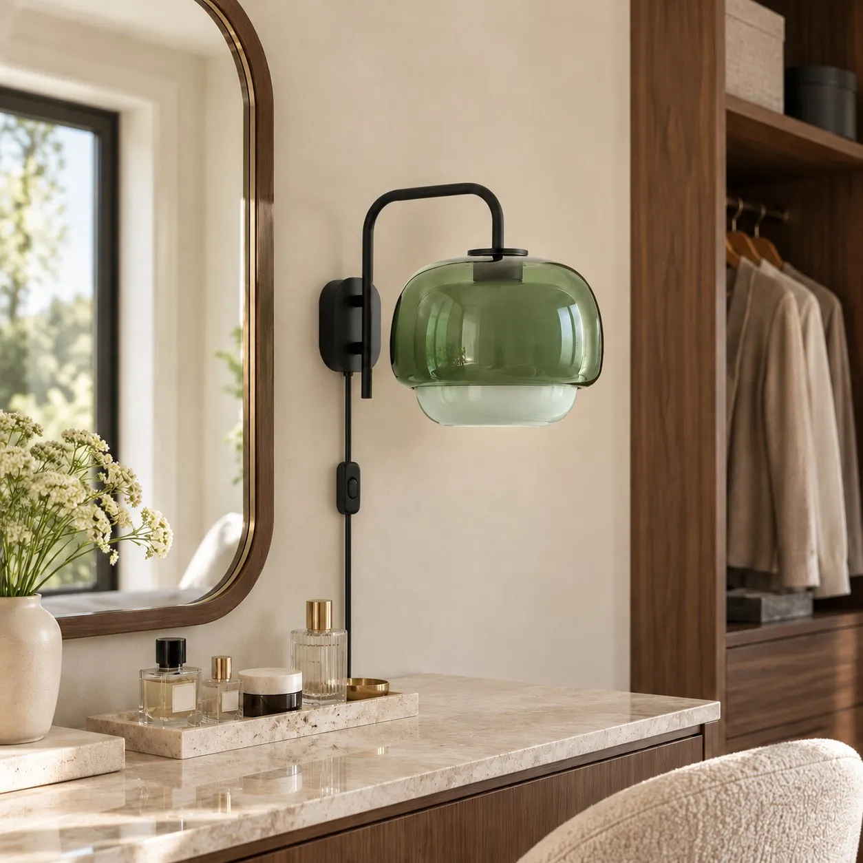 Green resin wall lamp above a vanity console
