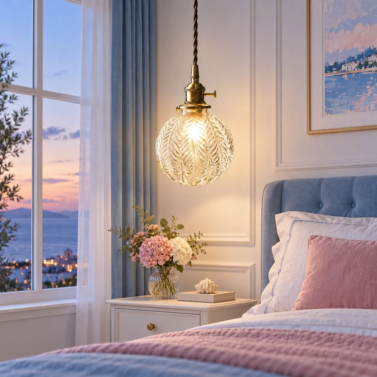 Lámpara colgante de cristal con textura de hojas de estilo vintage en un ambiente interior.