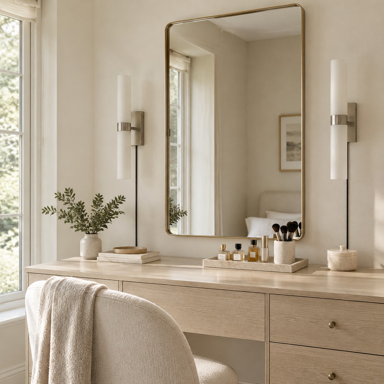 Two unlit pale-tube sconces with cool metal bands flanking a brass-framed vanity mirror