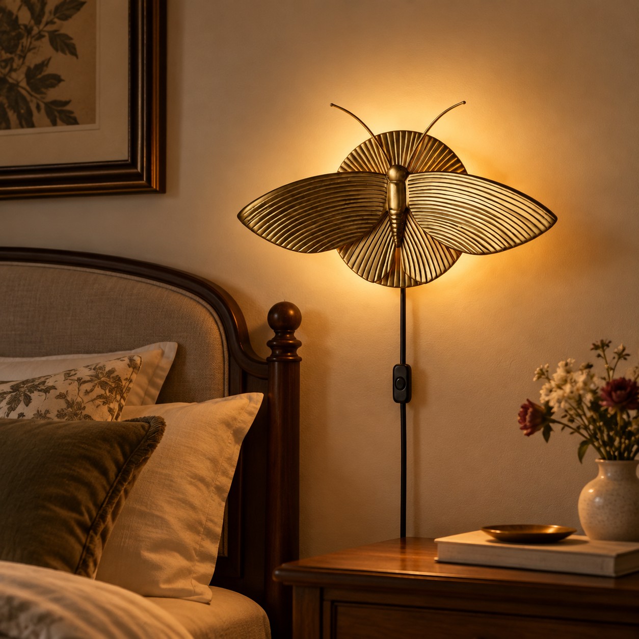 Gold moth wall sconce glowing beside a bed at night