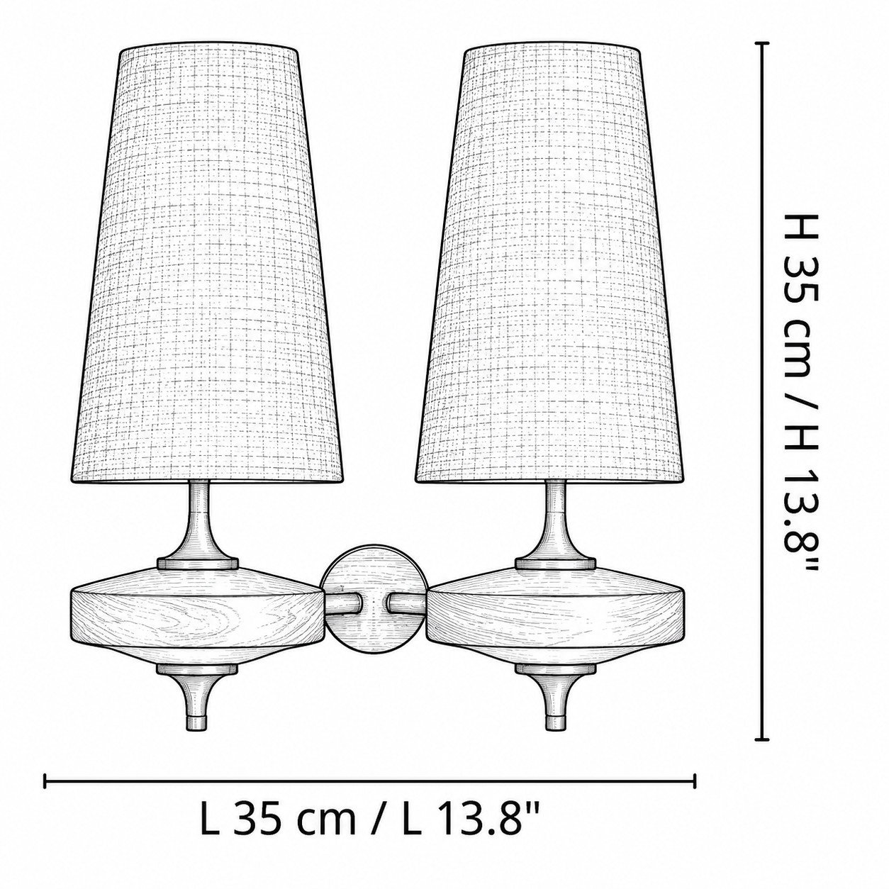 Dimension drawing of the two-head sconce: L 35 cm / L 13.8 inches, H 35 cm / H 13.8 inches