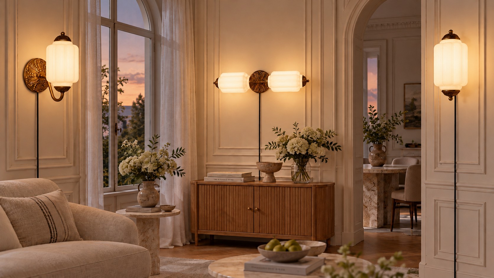 Eloise fluted wall sconce glowing warmly after dark