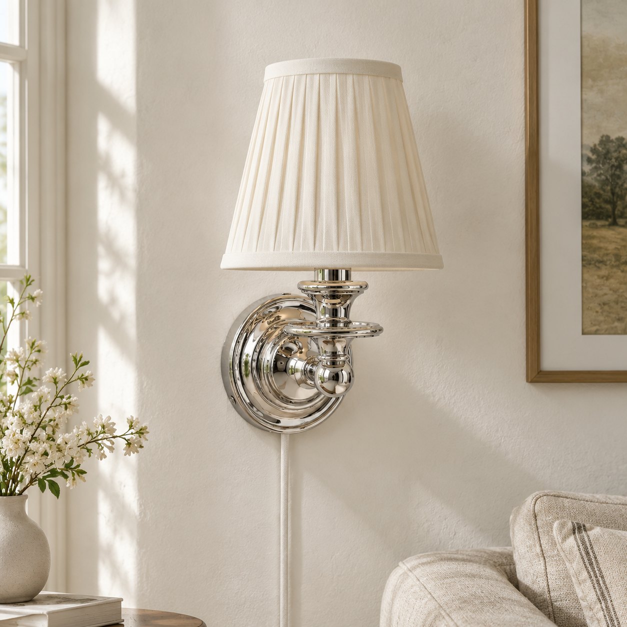 Chrome white pleated shade switched off in a living room