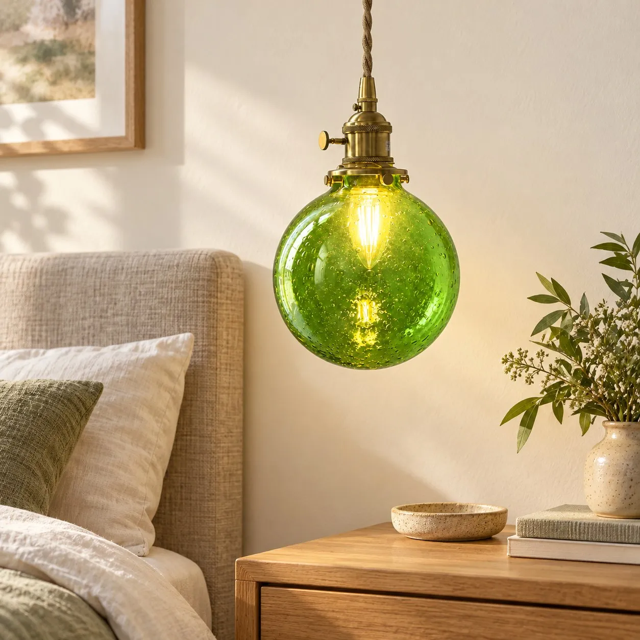 Lámpara colgante de cristal acanalado verde en un ambiente interior.
