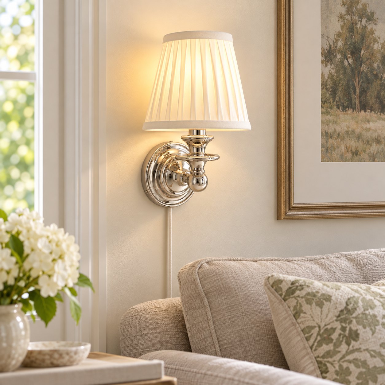 White pleated shade sconce in a living room