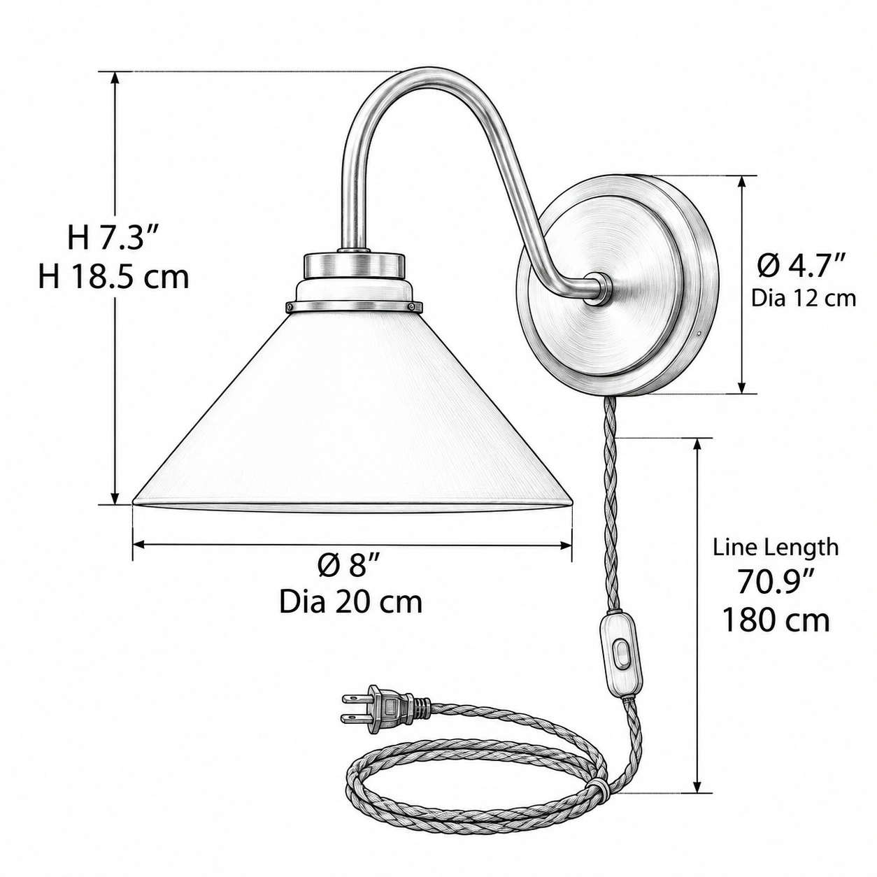 Gooseneck Arm dimension drawing: diameter 20 cm, height 18.5 cm, cord 1.8 m