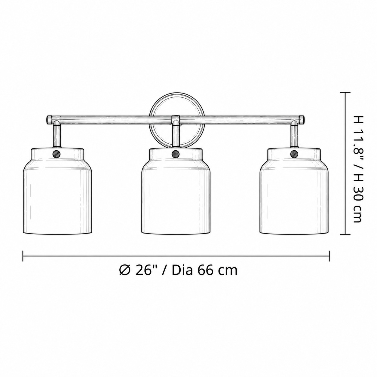 Dibujo de aplique de barra de tres luces, ancho 26 pulgadas, alto 11,8 pulgadas