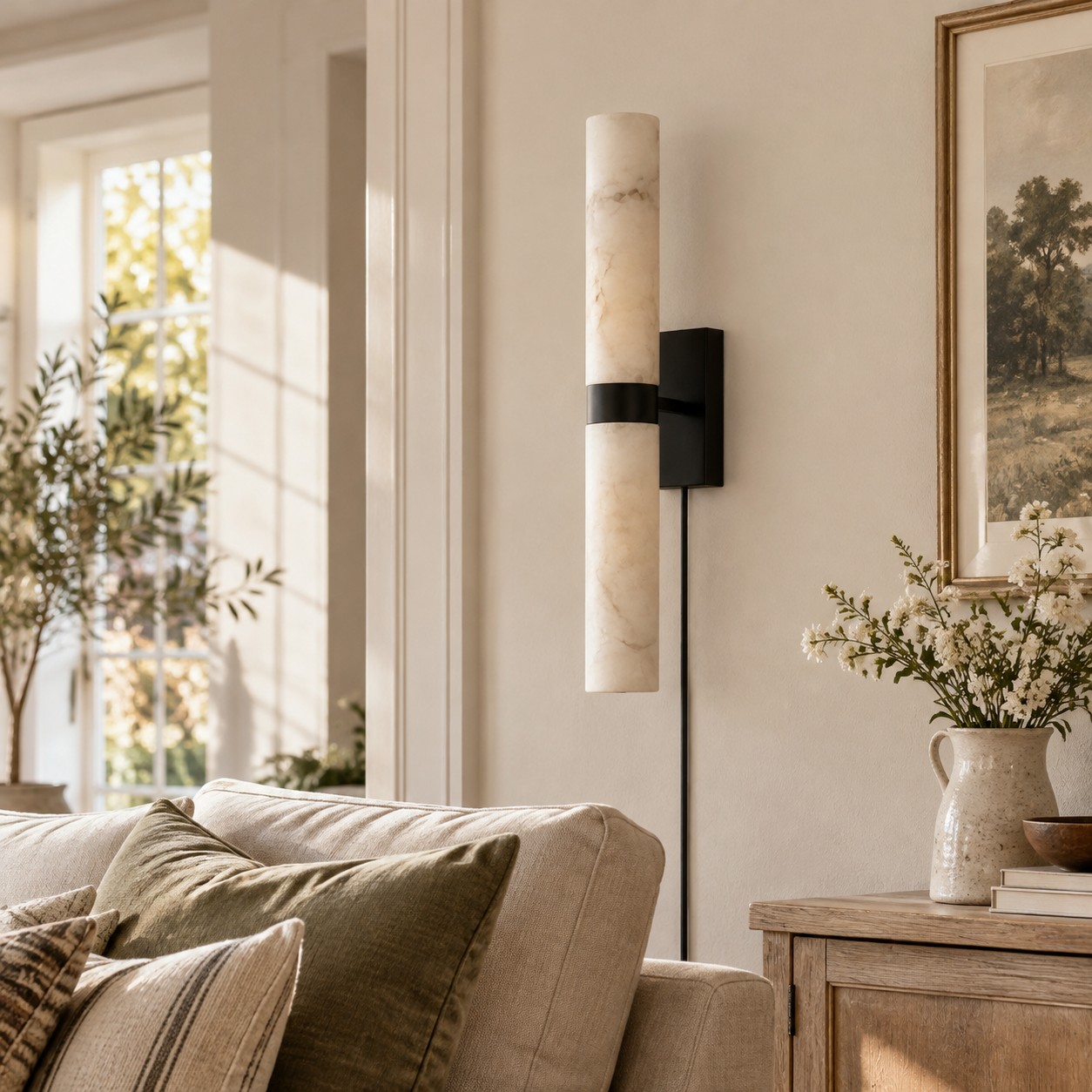 Unlit black double-tube sconce with veined stone shades beside a living room sofa and round mirror