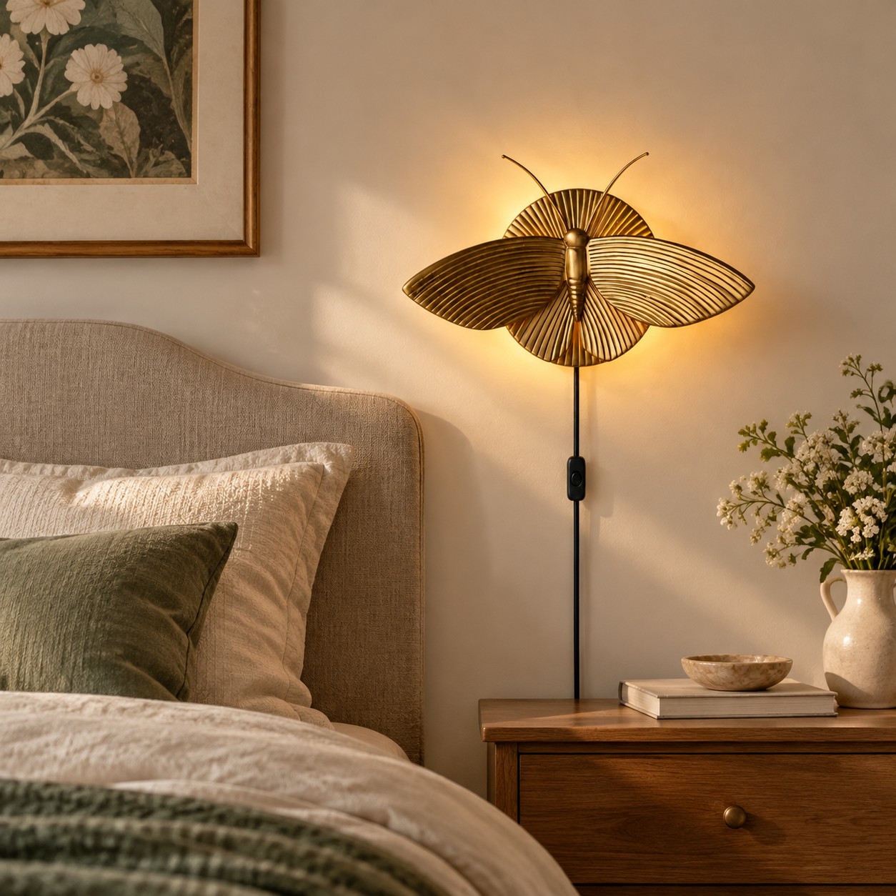 Gold moth wall sconce beside a bed in daylight