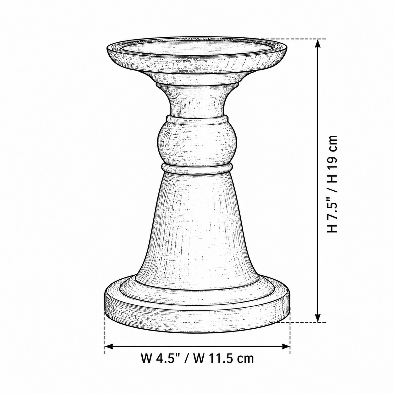 Dessin des dimensions du bougeoir en bois noir 19 cm et 11,5 cm de diamètre