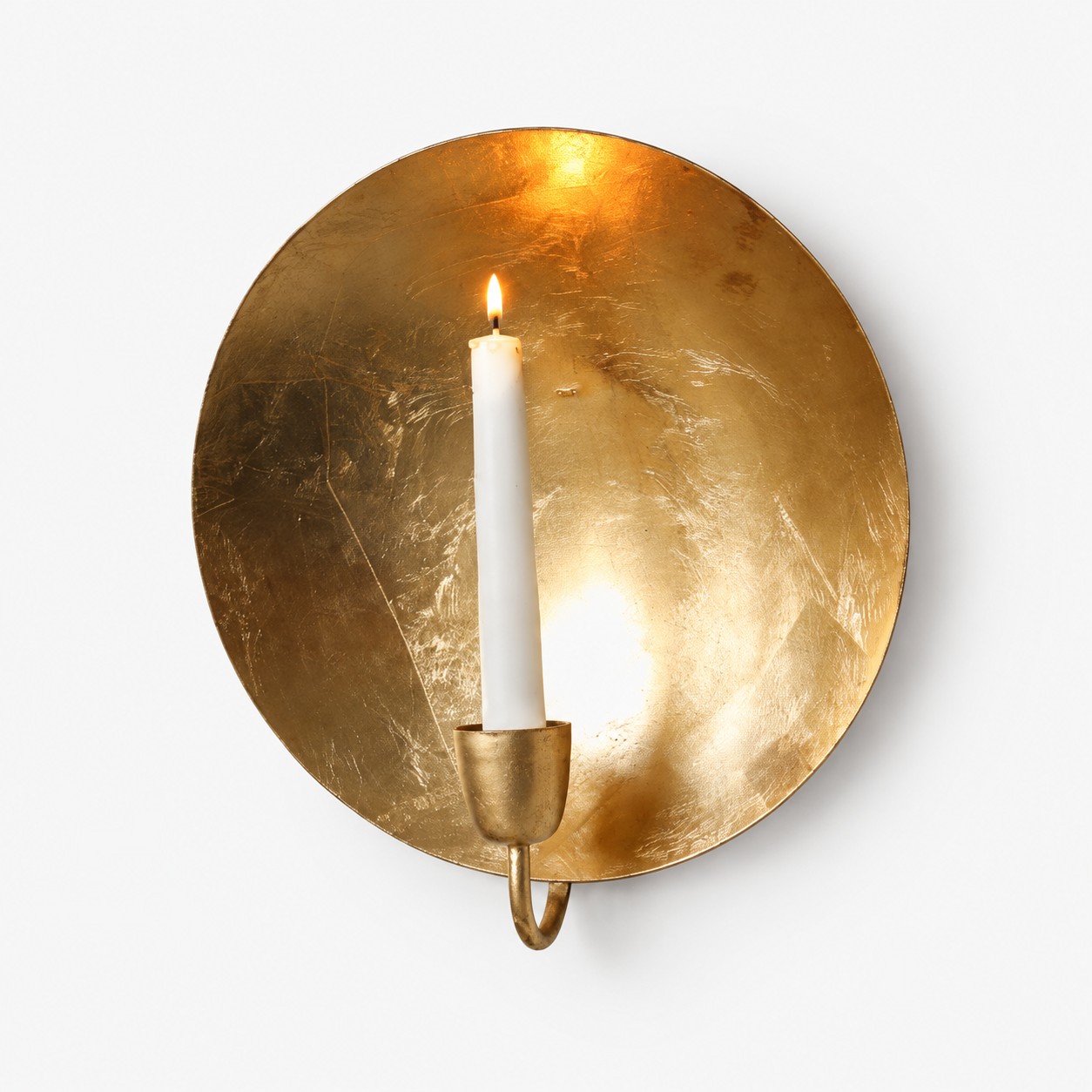 Round gold leaf wall candle holder; original product photograph
