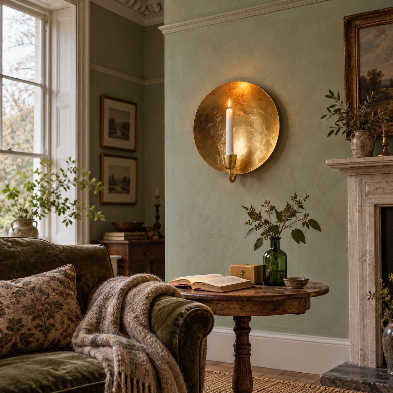 Round gold leaf wall candle holder beside a marble fireplace; illustrative interior