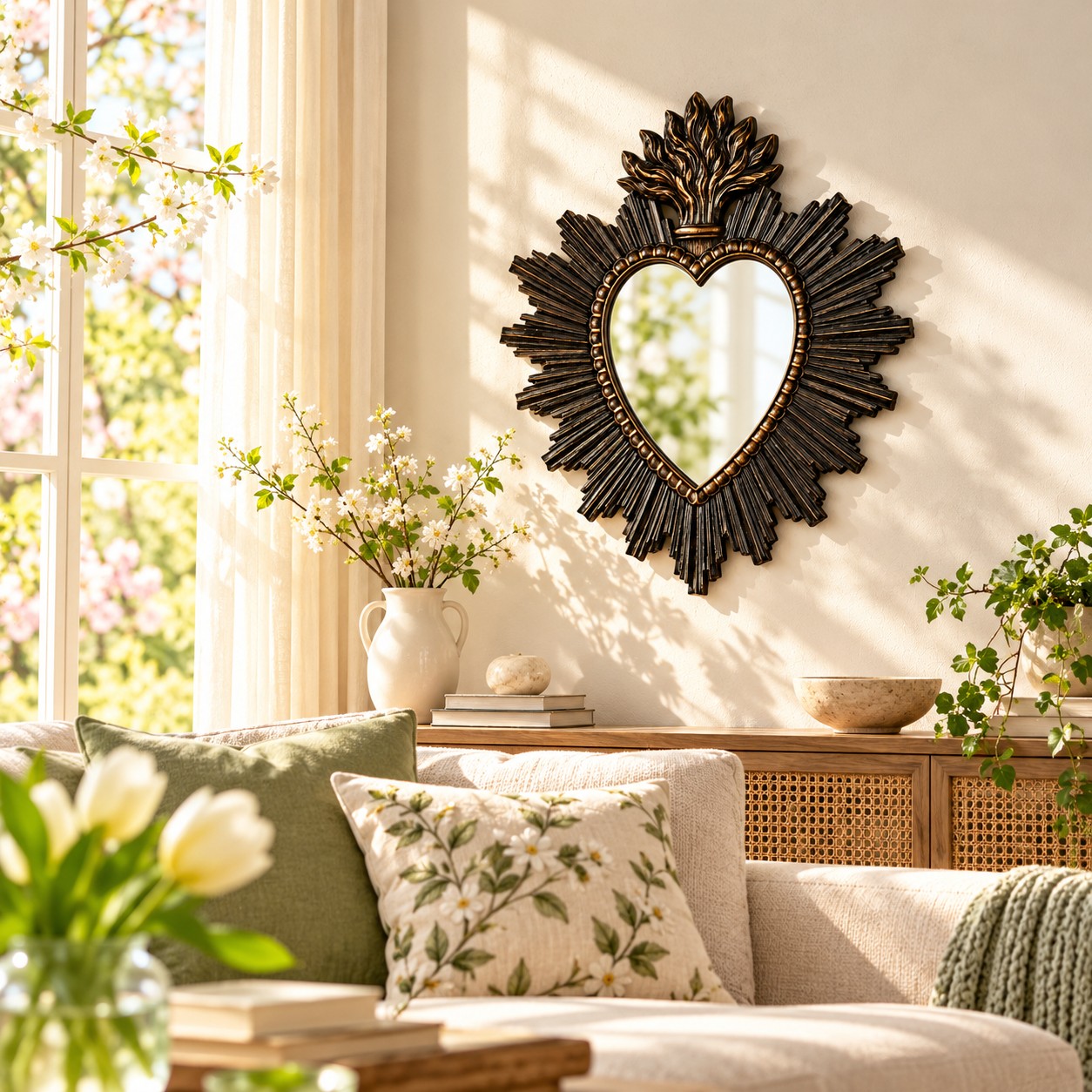 Black sacred heart mirror in a sunlit living room