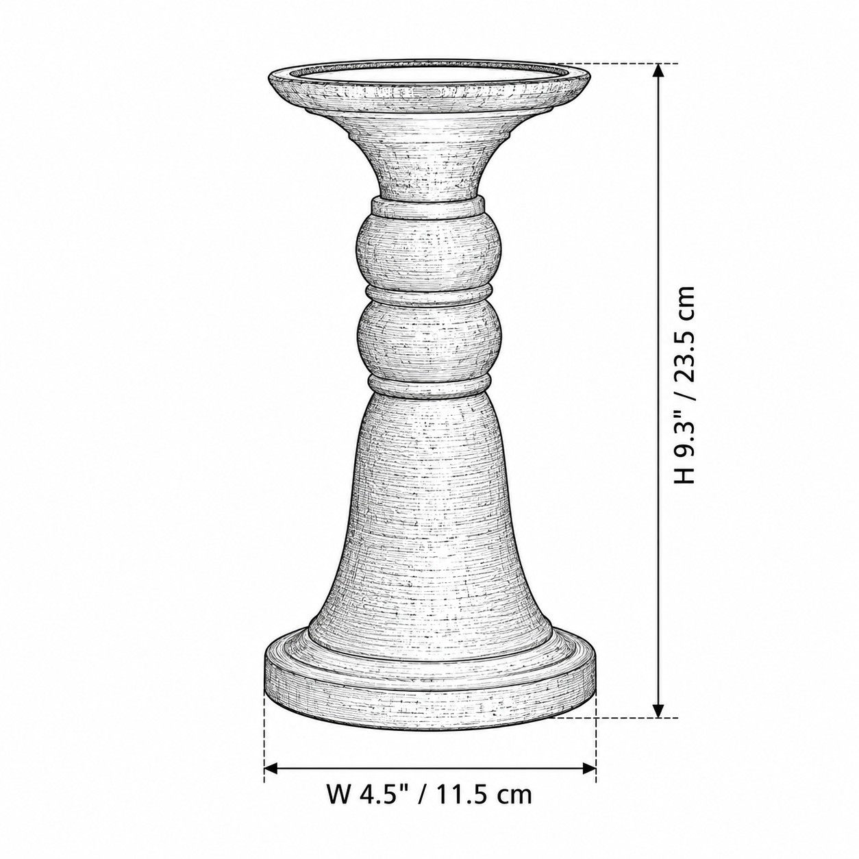 Dessin des dimensions du bougeoir en bois noir de 23,5 cm et 11,5 cm de diamètre