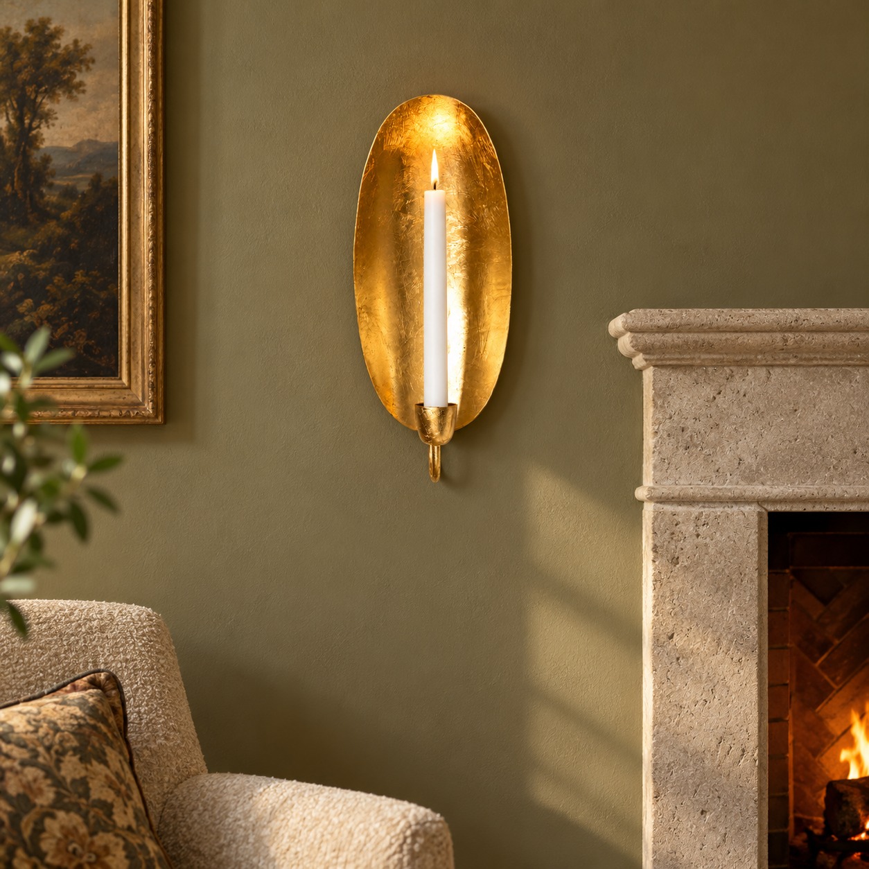 The sitting room with gold leaf wall candle holder; illustrative interior