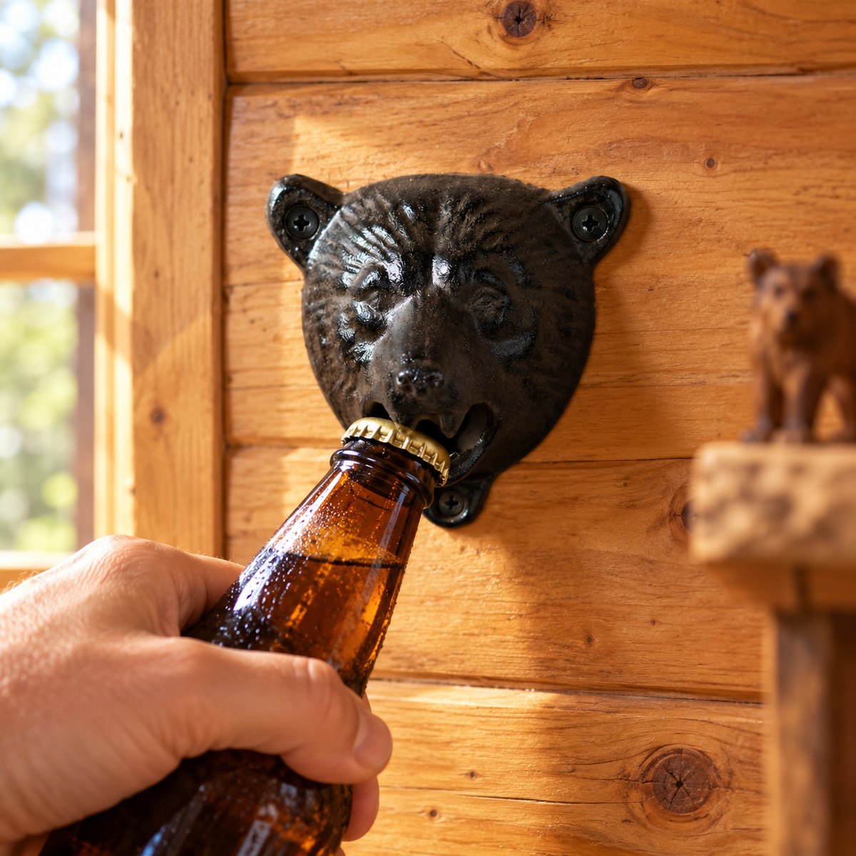 Apribottiglie orso in uso su una parete di legno
