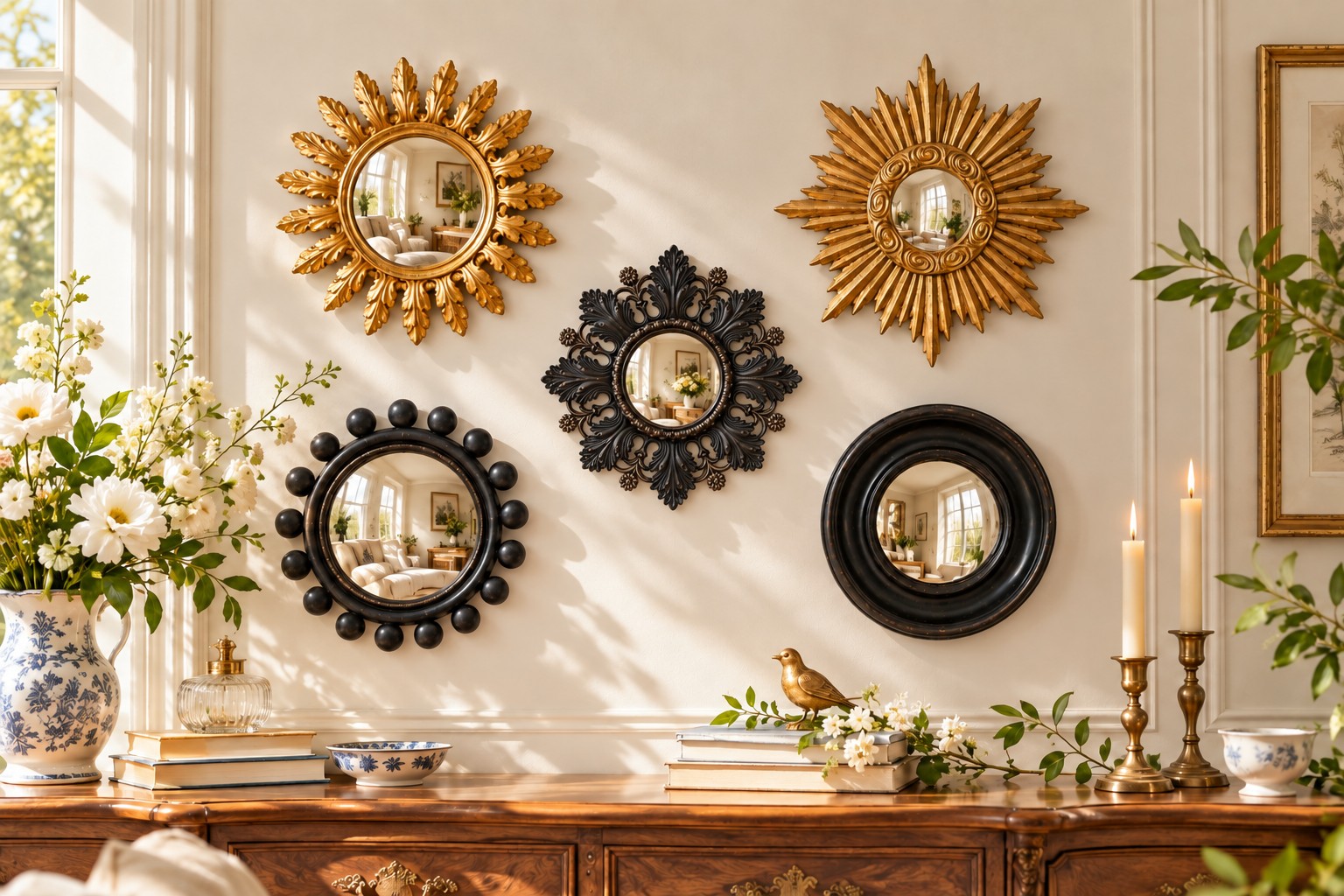 Collezione di specchi da parete convessi decorativi su una parete galleria crema