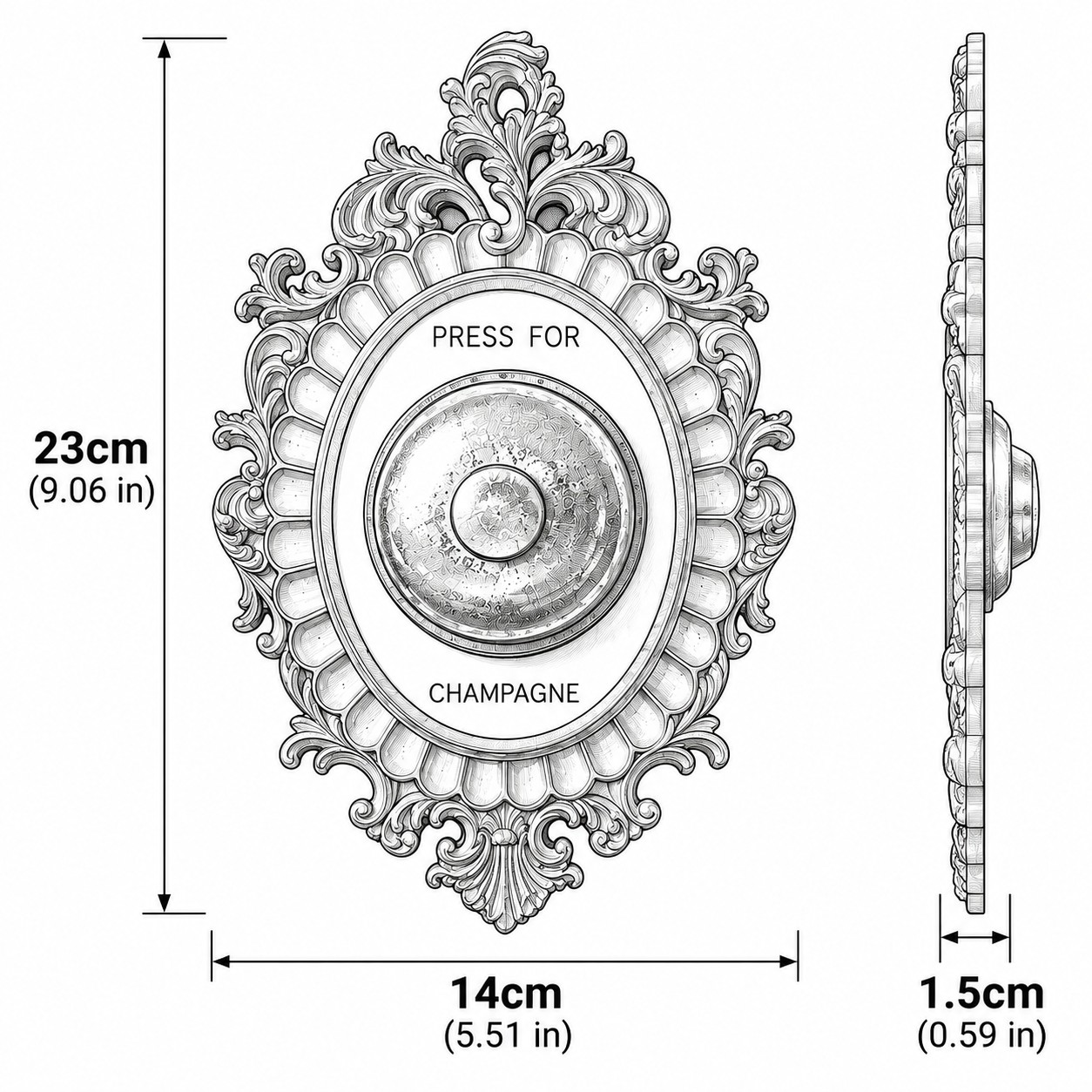 Dessin au trait de la cloche murale ivoire doré, 23 cm de haut, 14 cm de large, 1,5 cm de profondeur