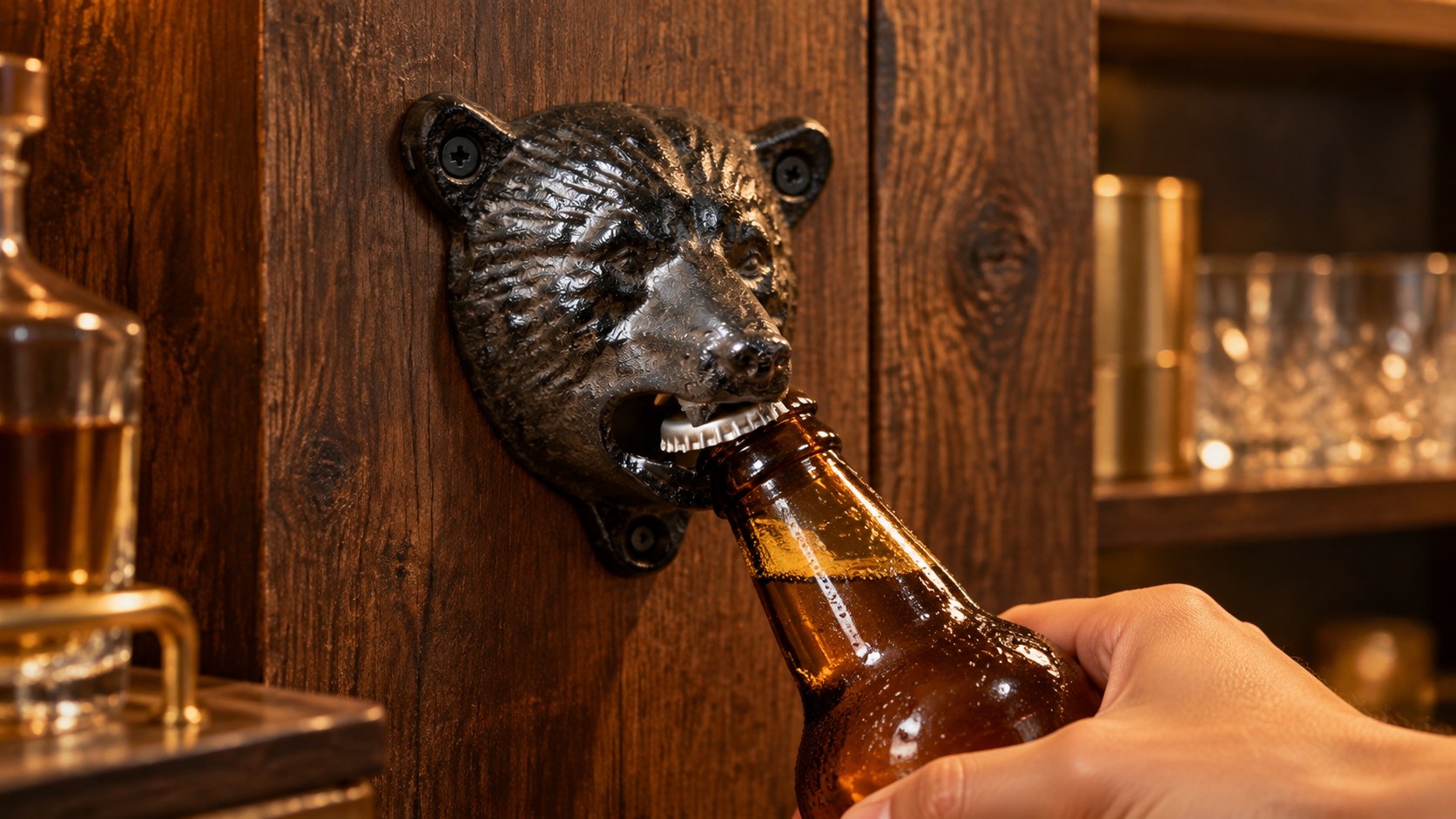 Bocca d'orso in ghisa che fa leva su un tappo, su una parete di bar in noce