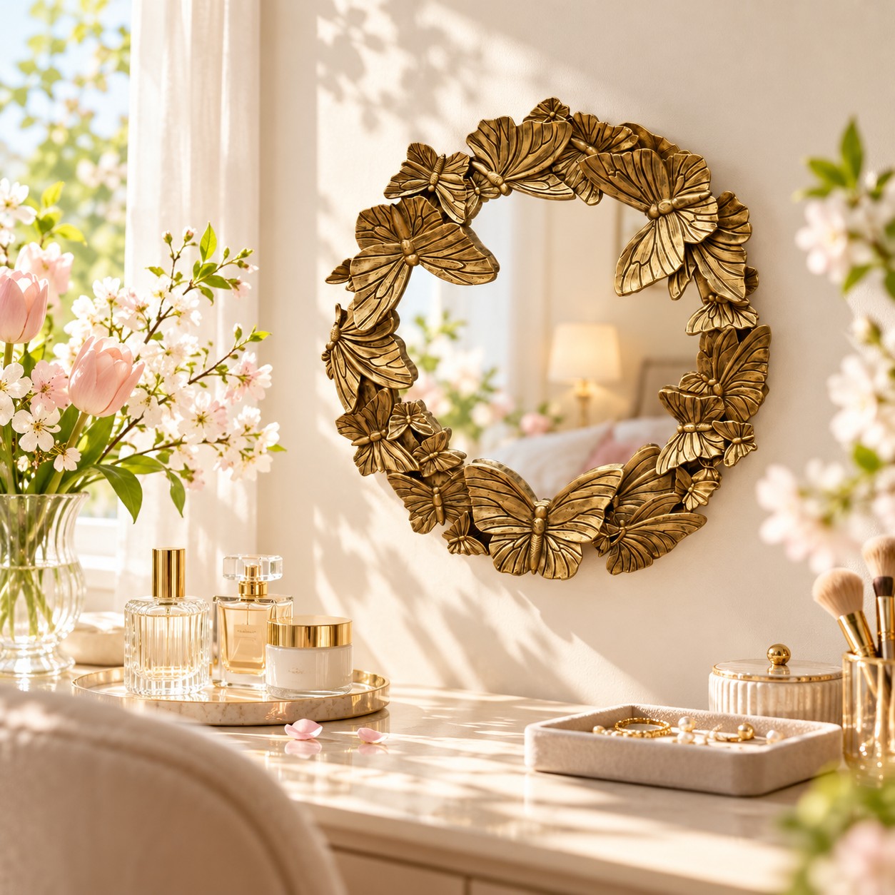 Gold butterfly mirror styled above a dressing table