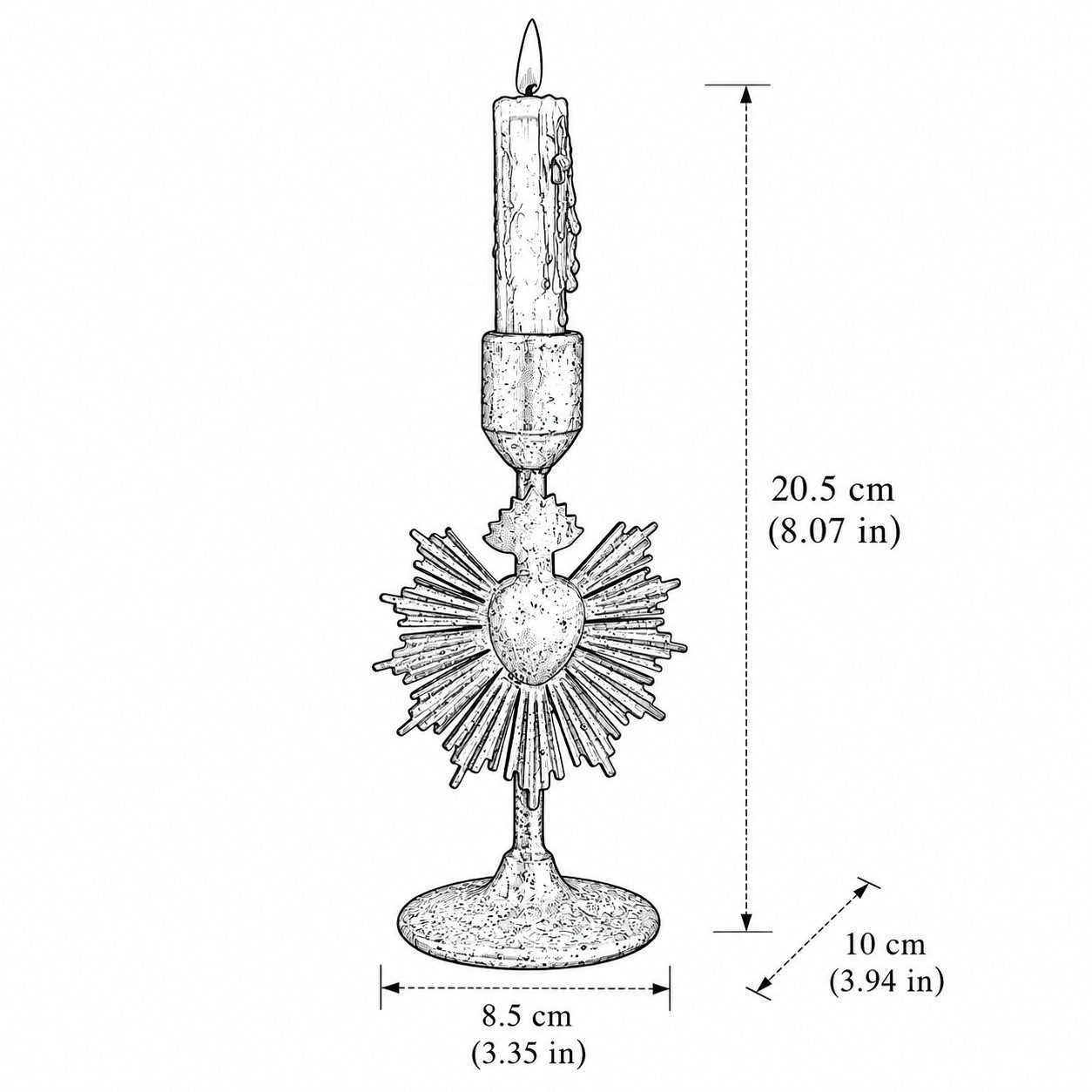 Rysunek wymiarów świecznika Serce Milagro: W8.5cm (3.35in) * H20.5cm (8.07in) * L10cm (3.94in)